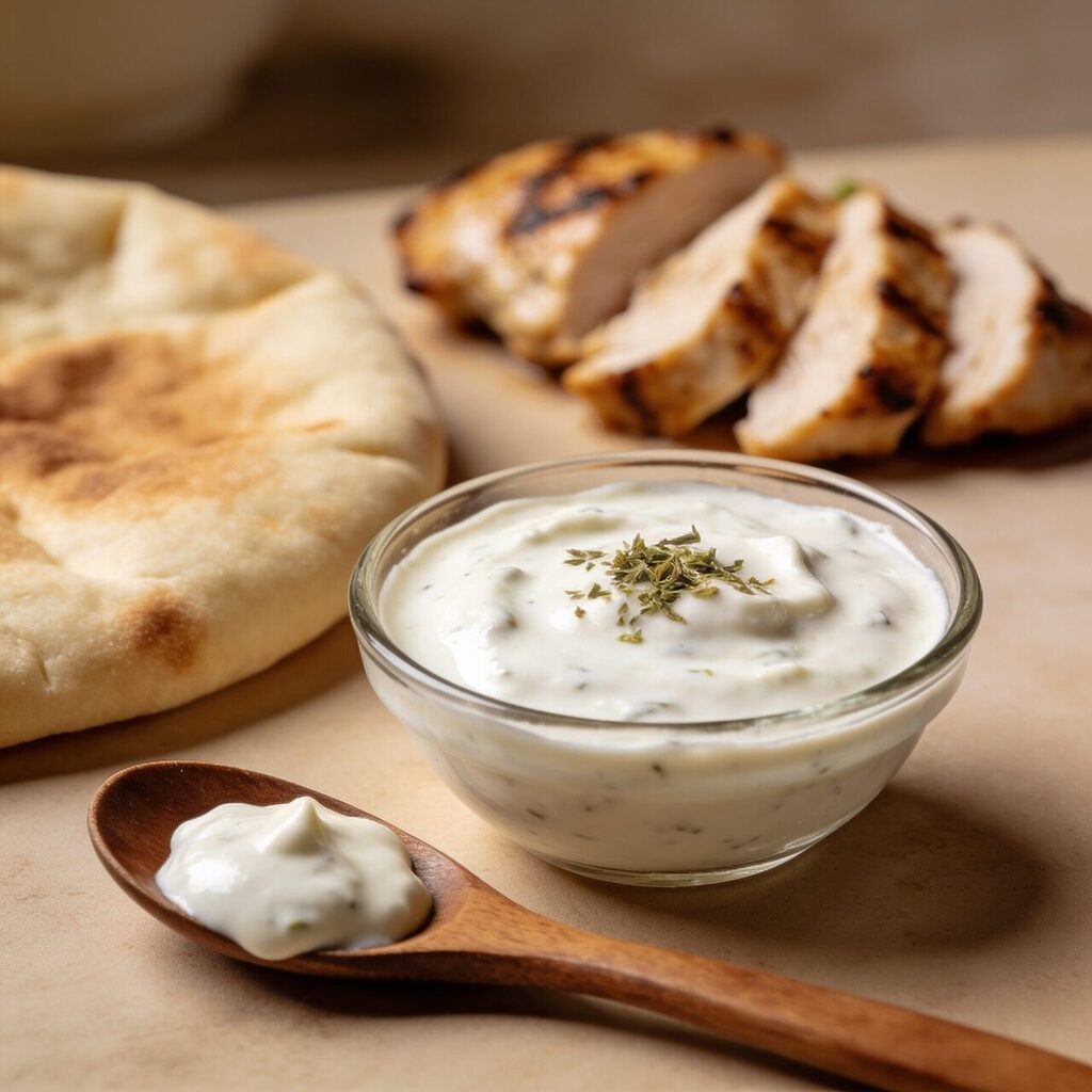 Cuenco con salsa blanca de kebab casera junto a pan de pita, verduras y especias