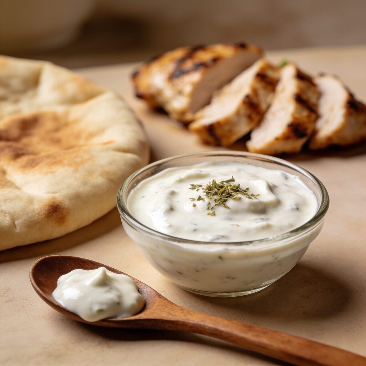 Cuenco con salsa blanca de kebab casera junto a pan de pita, verduras y especias