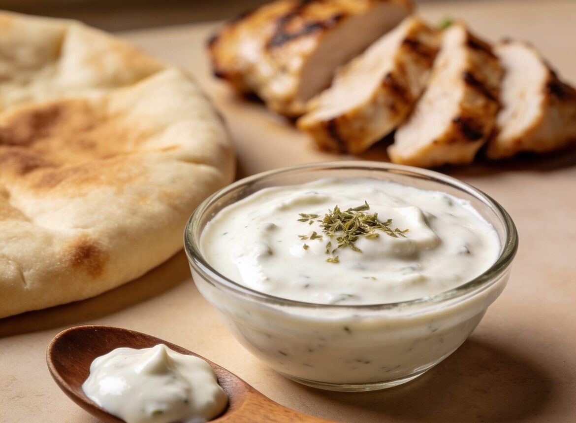 Cuenco con salsa blanca de kebab casera junto a pan de pita, verduras y especias