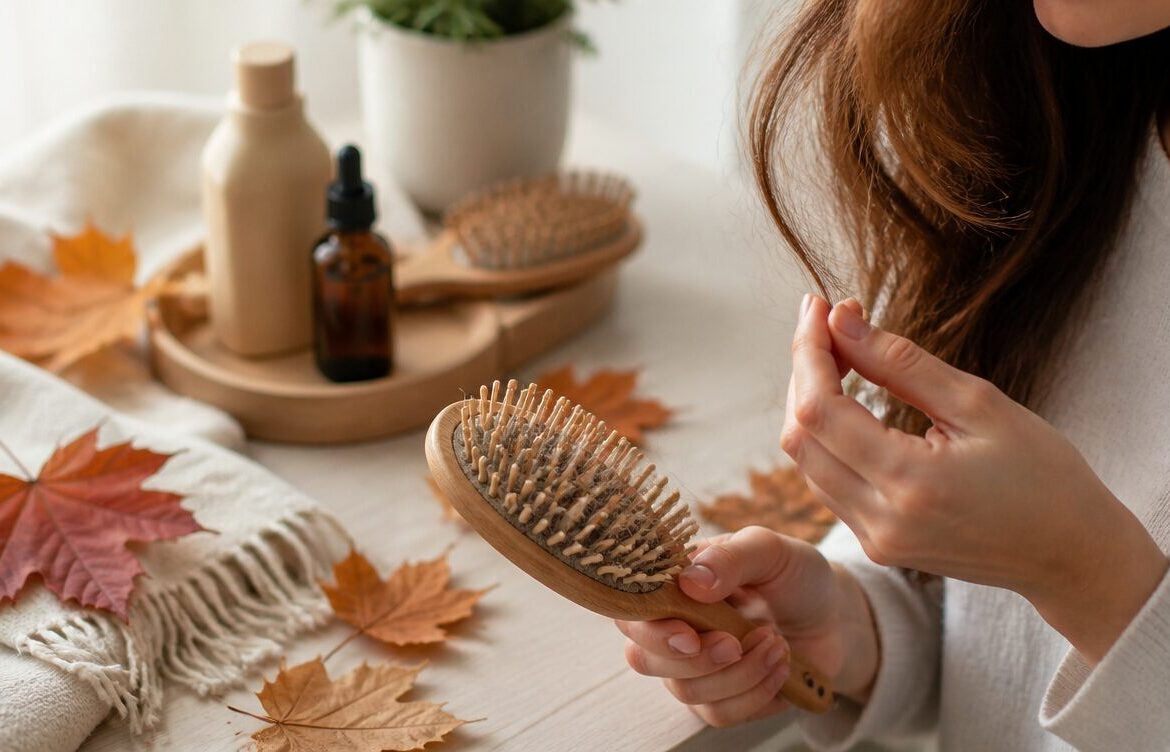 Mujer cuidando su cabello ante la caída del pelo en otoño